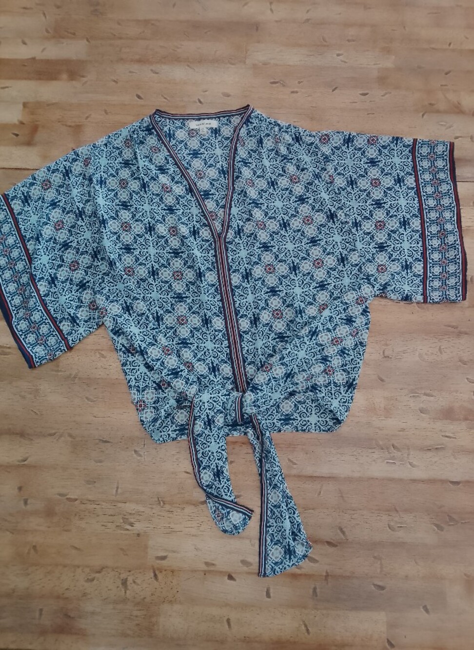 Max Studio Blue Floral Tie-Front Tunic XS Kimono Short Sleeve